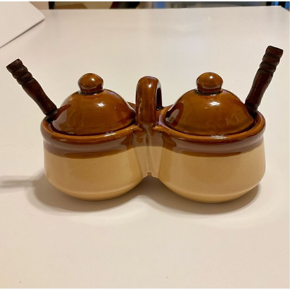 Vintage Double Condiment Jars with Lids and Spoons
